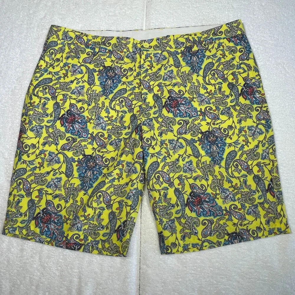 Hreski Mens Golf Shorts 40 Paisley Yellow Multi Color Loud Performance Stretch